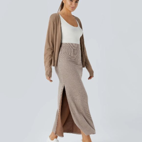 Ribbed High Waisted Hem A Line Maxi Casual Skirt Ribbed High Waisted Hem A Line - Picture 6 of 6